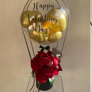 Golden Balloon with Teddy Red Roses Bouquet